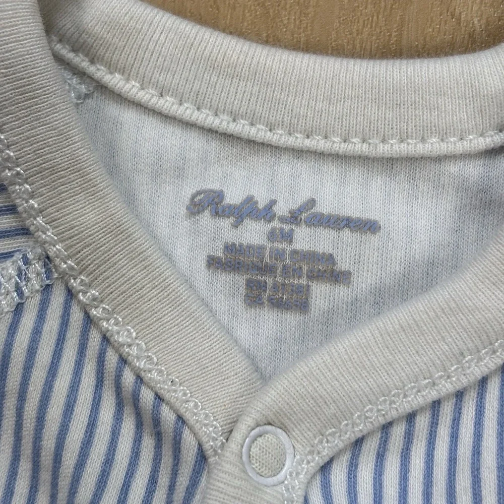 Ralph Lauren Baby Sleeper Blue Stripe Polo Bear Footed Pajamas Cotton 6M